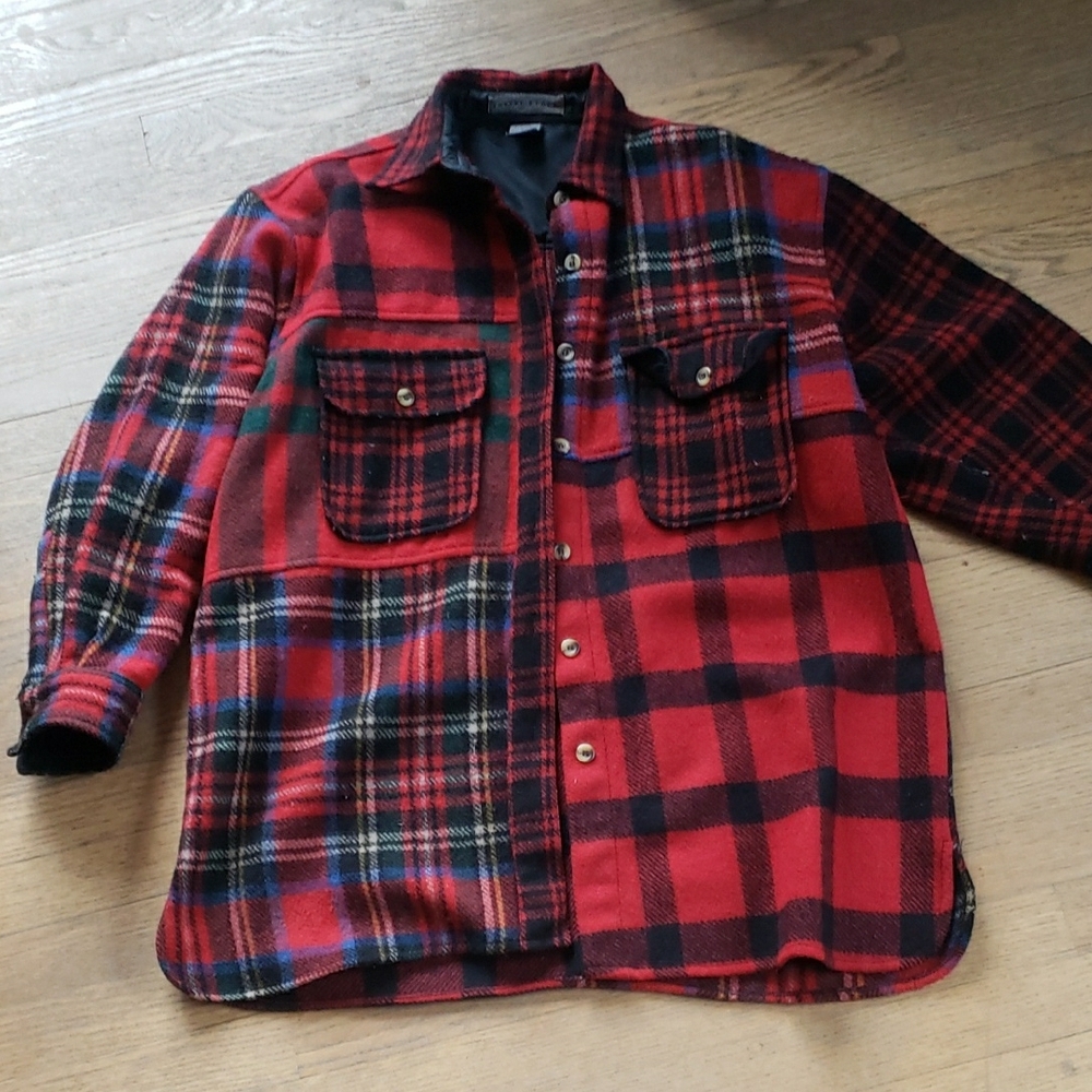 Red and Black Lightweight Shirt Jacket with Plaid Design